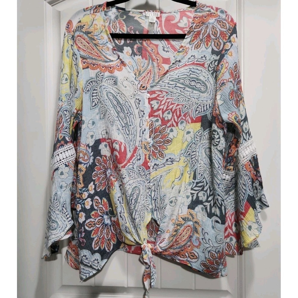 Spense Womens XL Paisley Tie Front Bell Sleeve Crochet Lace Blouse SP1M327